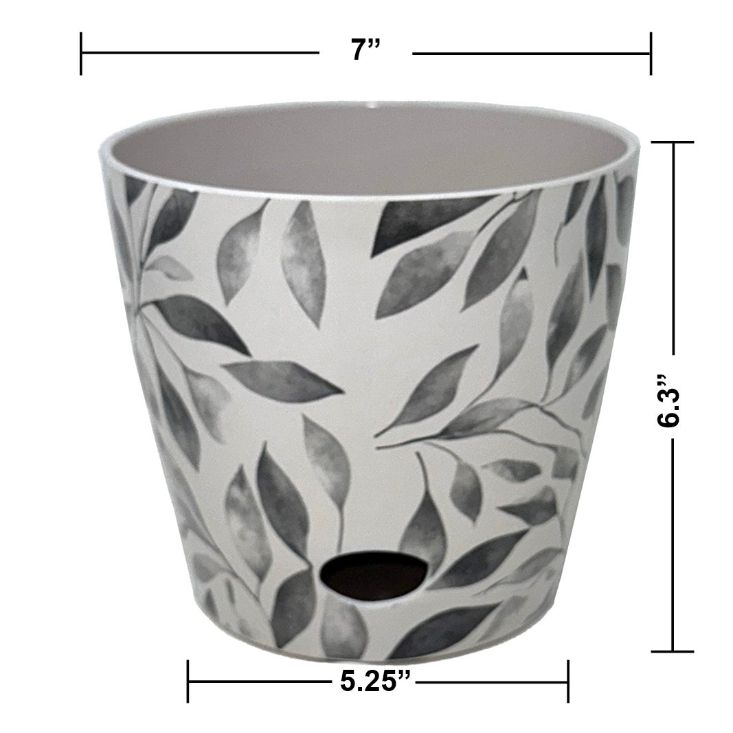 7" Round Self-Watering Bamboo Pot - Gray Leaves