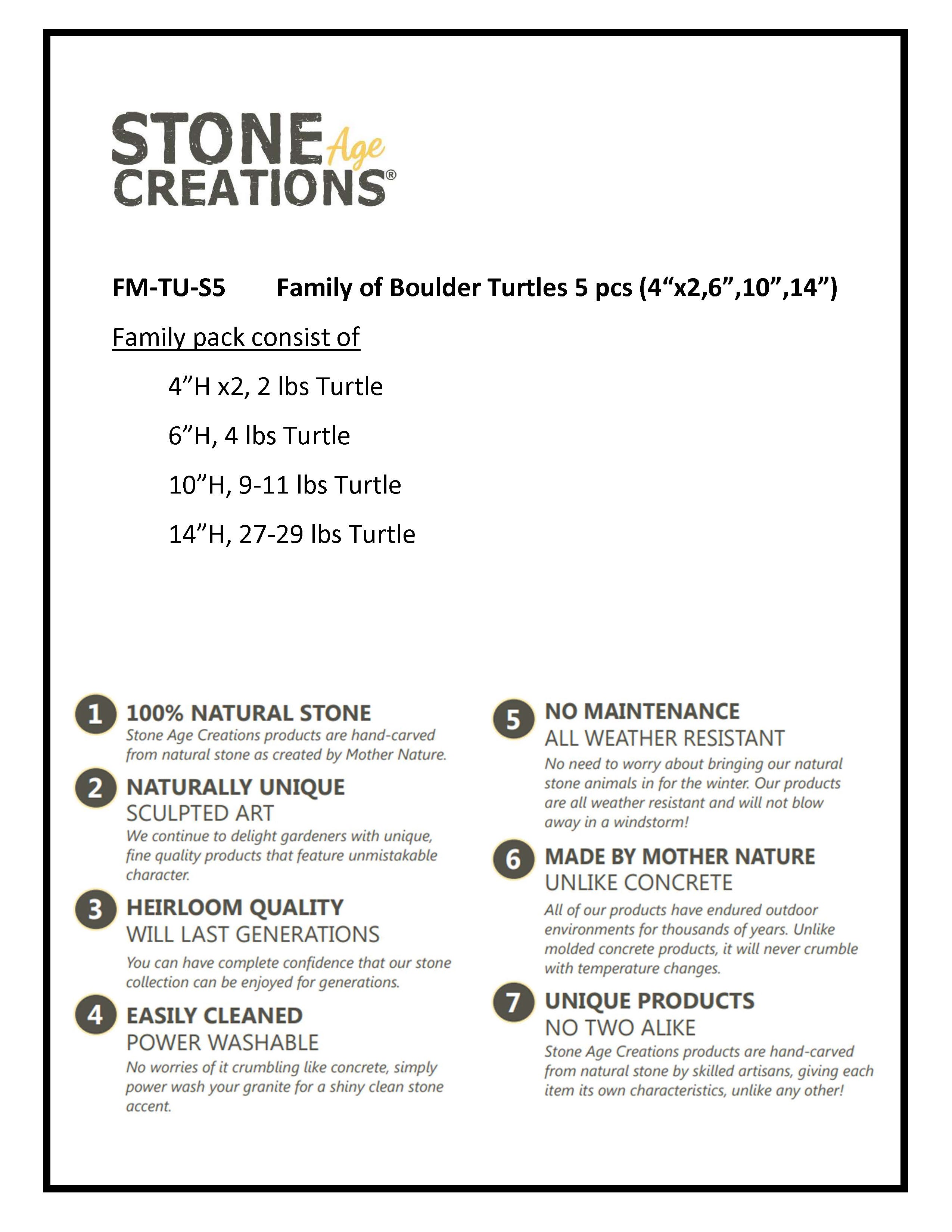 Family of Boulder Turtles - 5 Pcs 4"H, 6"H, 10"H, 14"H