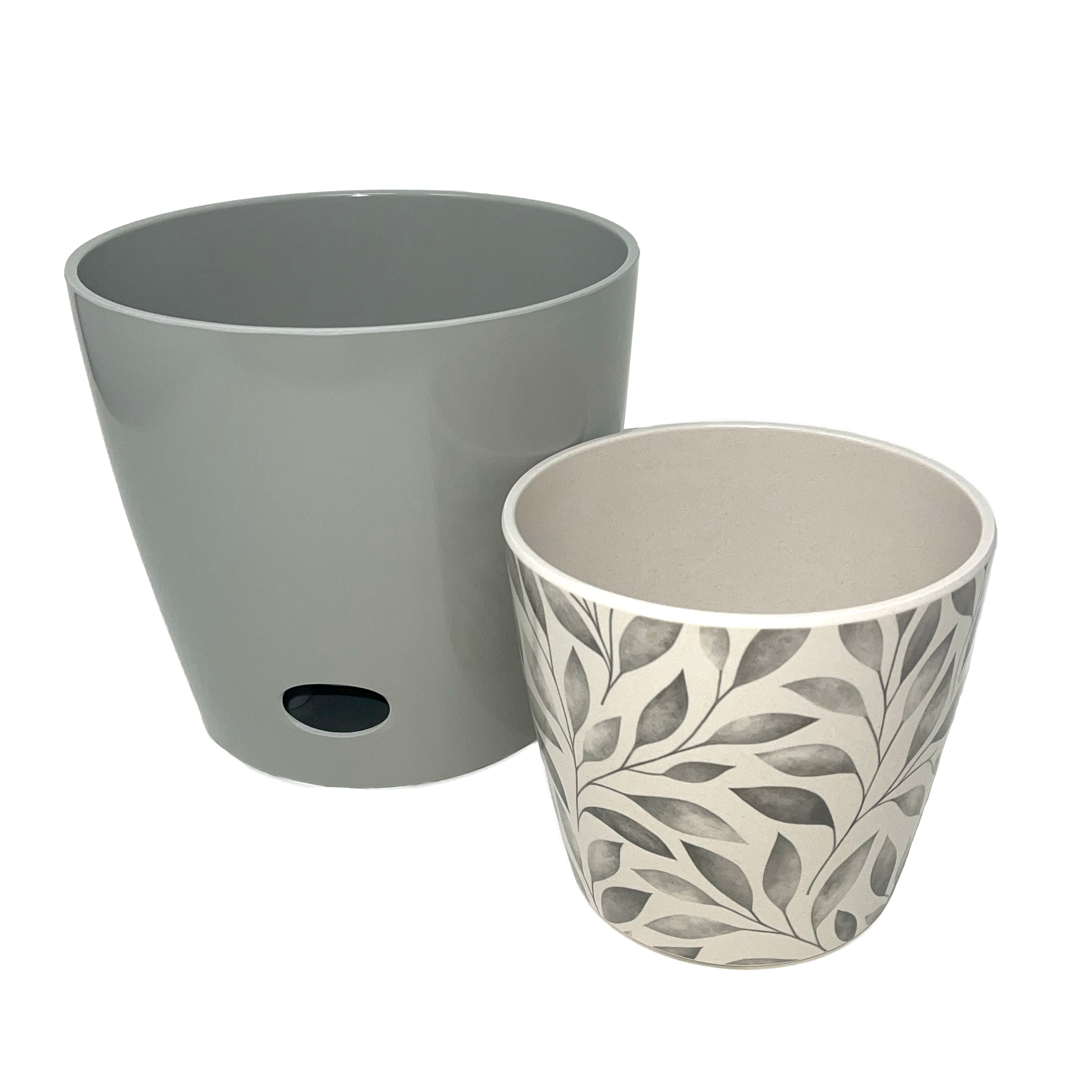 Self-Watering Pots (Set of 2) - 5" Gray Leaves & 7" Gray Solid