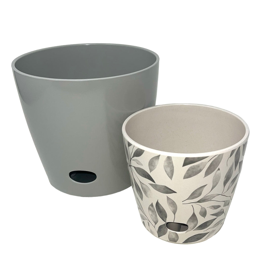 Self-Watering Pots (Set of 2) - 5" Gray Leaves & 7" Gray Solid