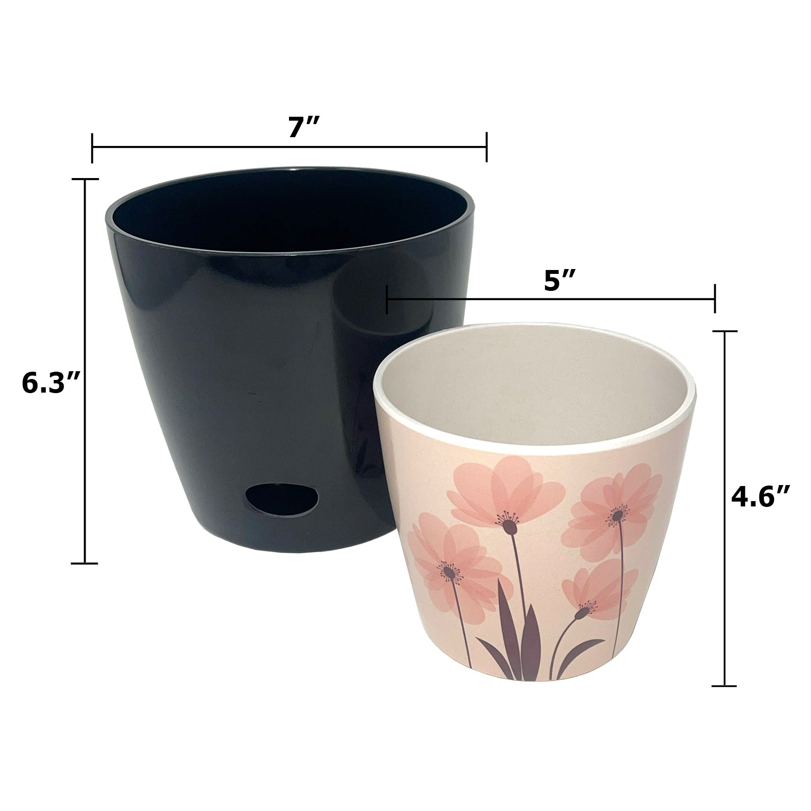 Self-Watering Pots (Set of 2) - 5" Pink Flower & 7" Black Solid