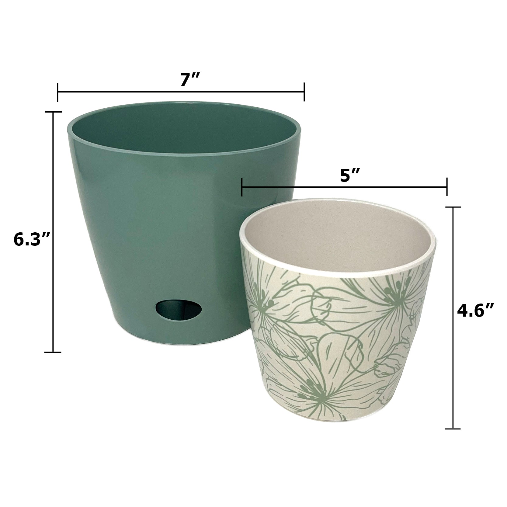 Self-Watering Pots (Set of 2) - 5" Green Flower & 7" Sage Green