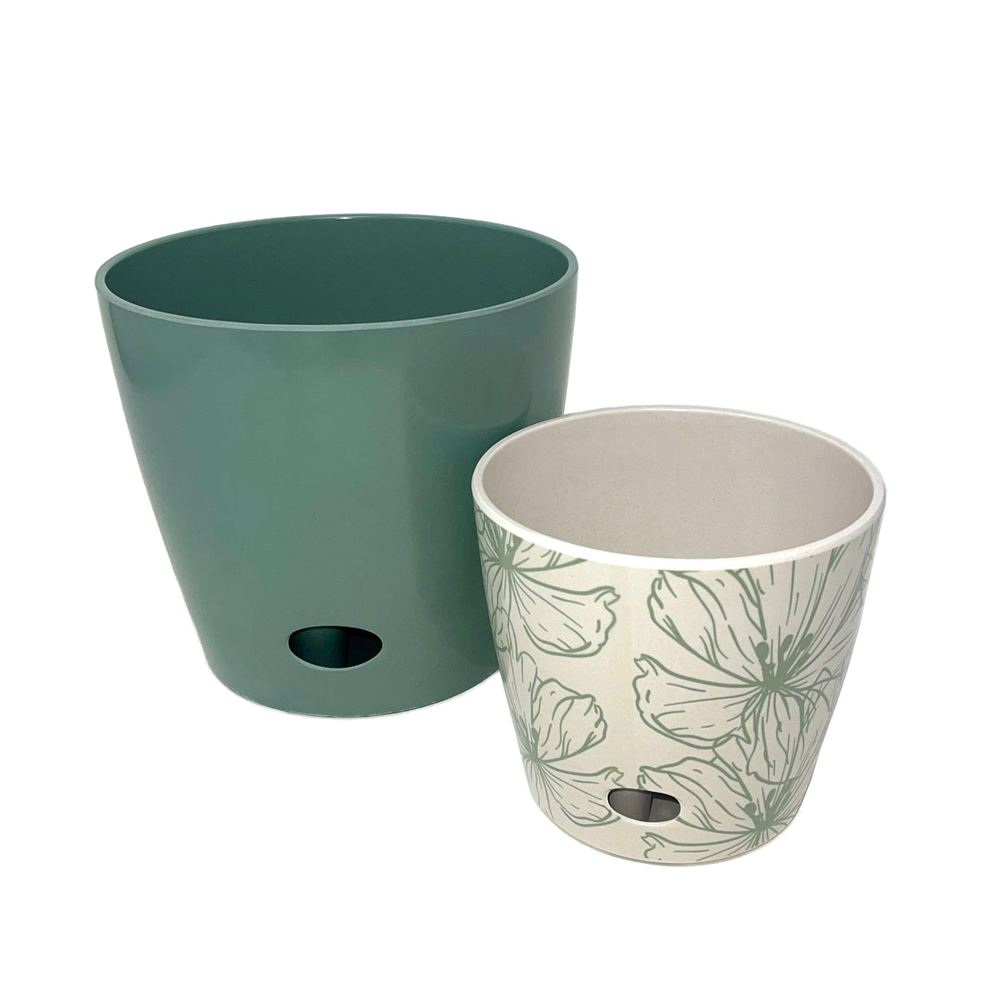Self-Watering Pots (Set of 2) - 5" Green Flower & 7" Sage Green