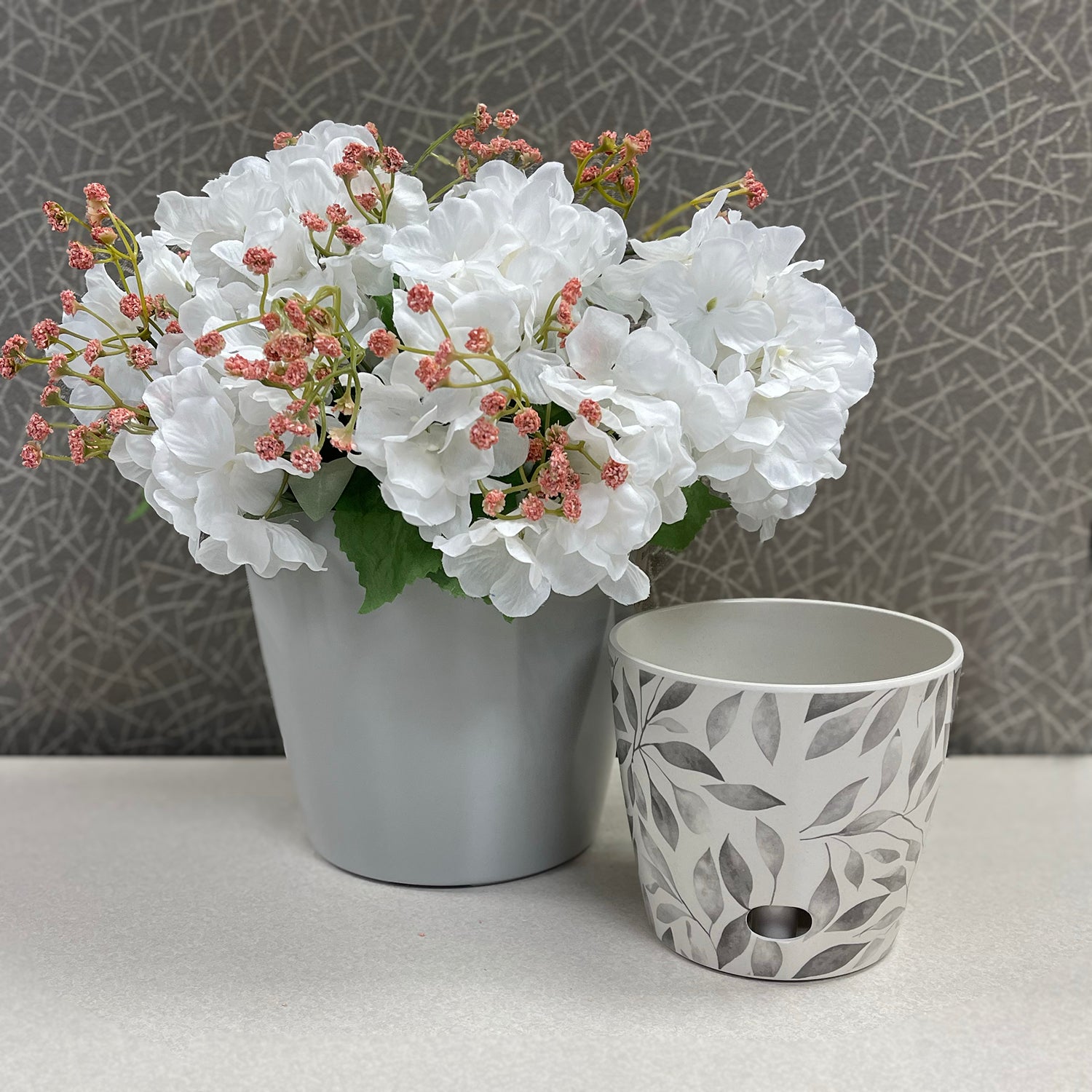 Self-Watering Pots (Set of 2) - 5" Gray Leaves & 7" Gray Solid