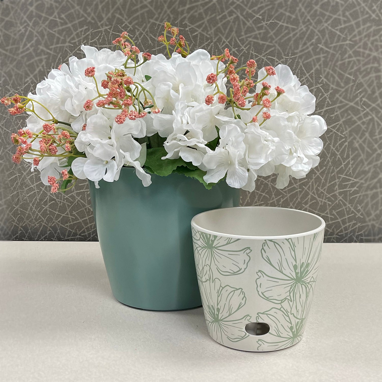 Self-Watering Pots (Set of 2) - 5" Green Flower & 7" Sage Green