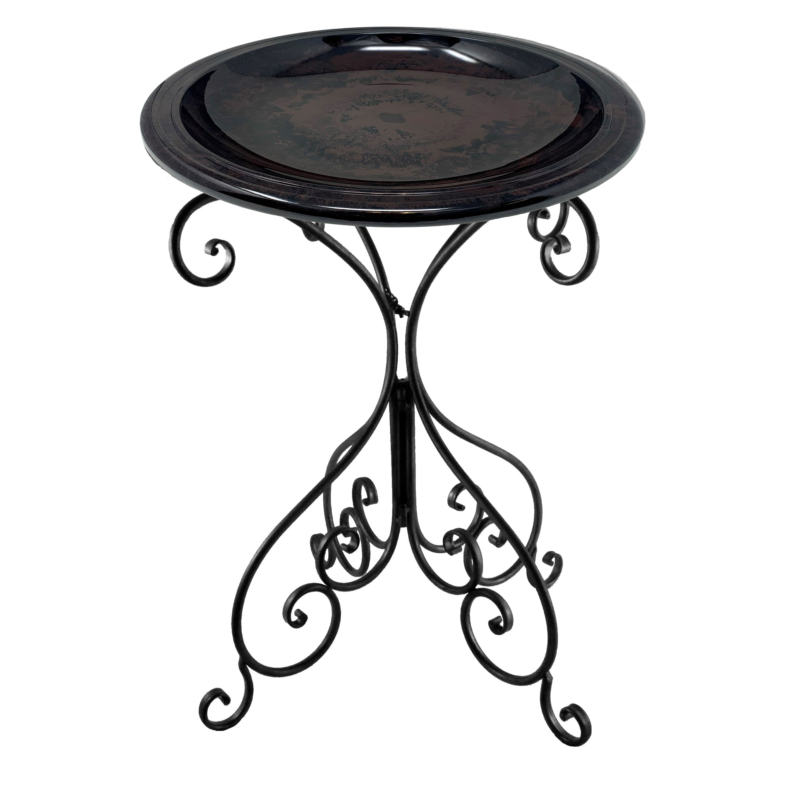 Antique Brown Fiber Clay Birdbath on Black Metal Base - 28"