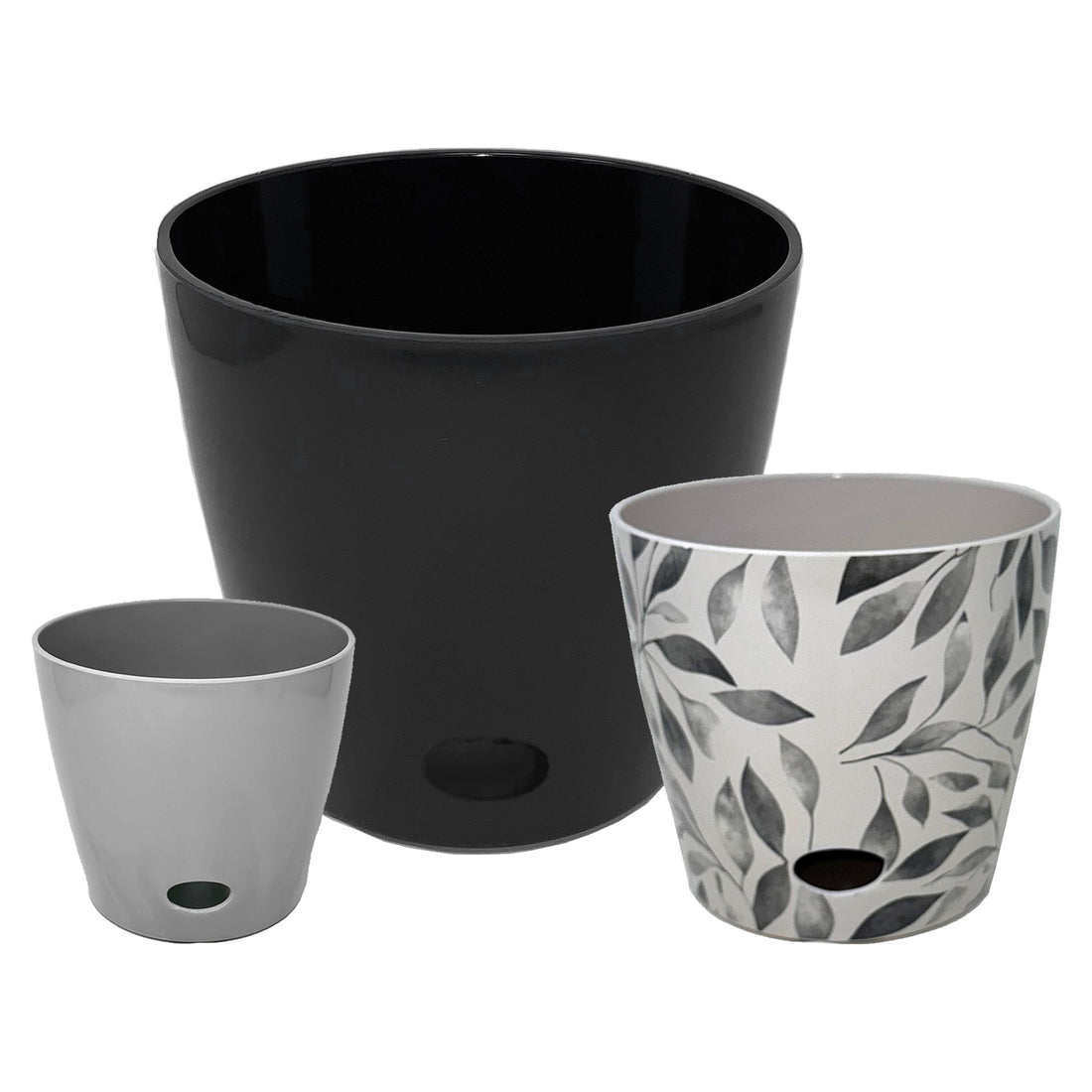 Self-Watering Pots (Set of 3) - 5" Gray, 7" Gray Leaves, & 10" Black