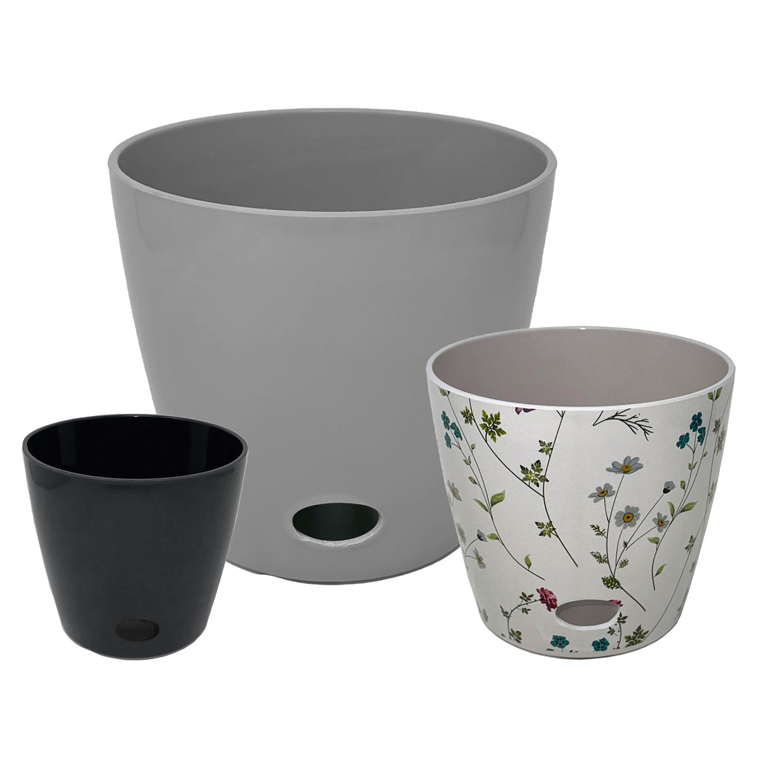 Self-Watering Pots (Set of 3) - 5" Black, 7" Wildflower, & 10" Gray