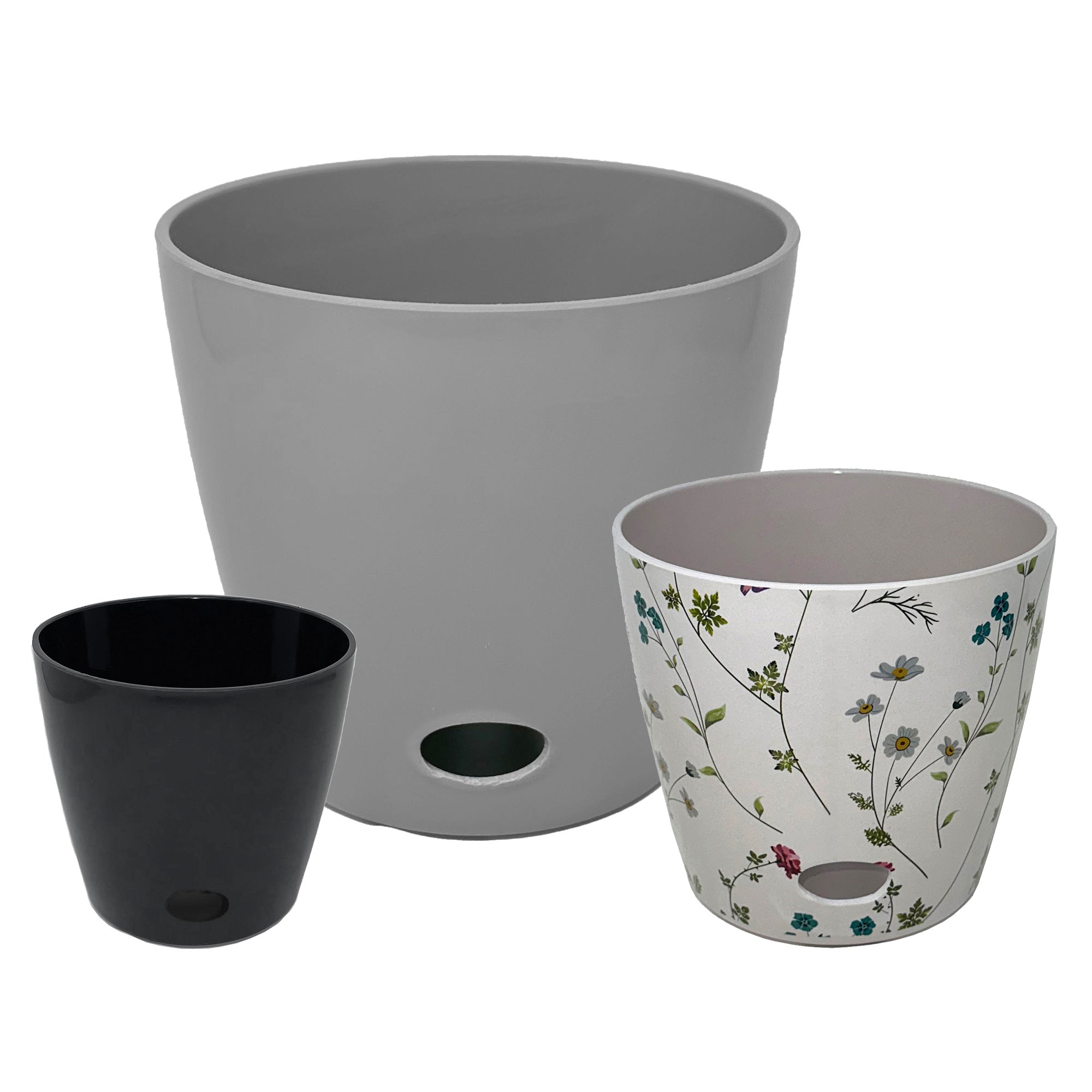 Self-Watering Pots (Set of 3) - 5" Black, 7" Wildflower, & 10" Gray