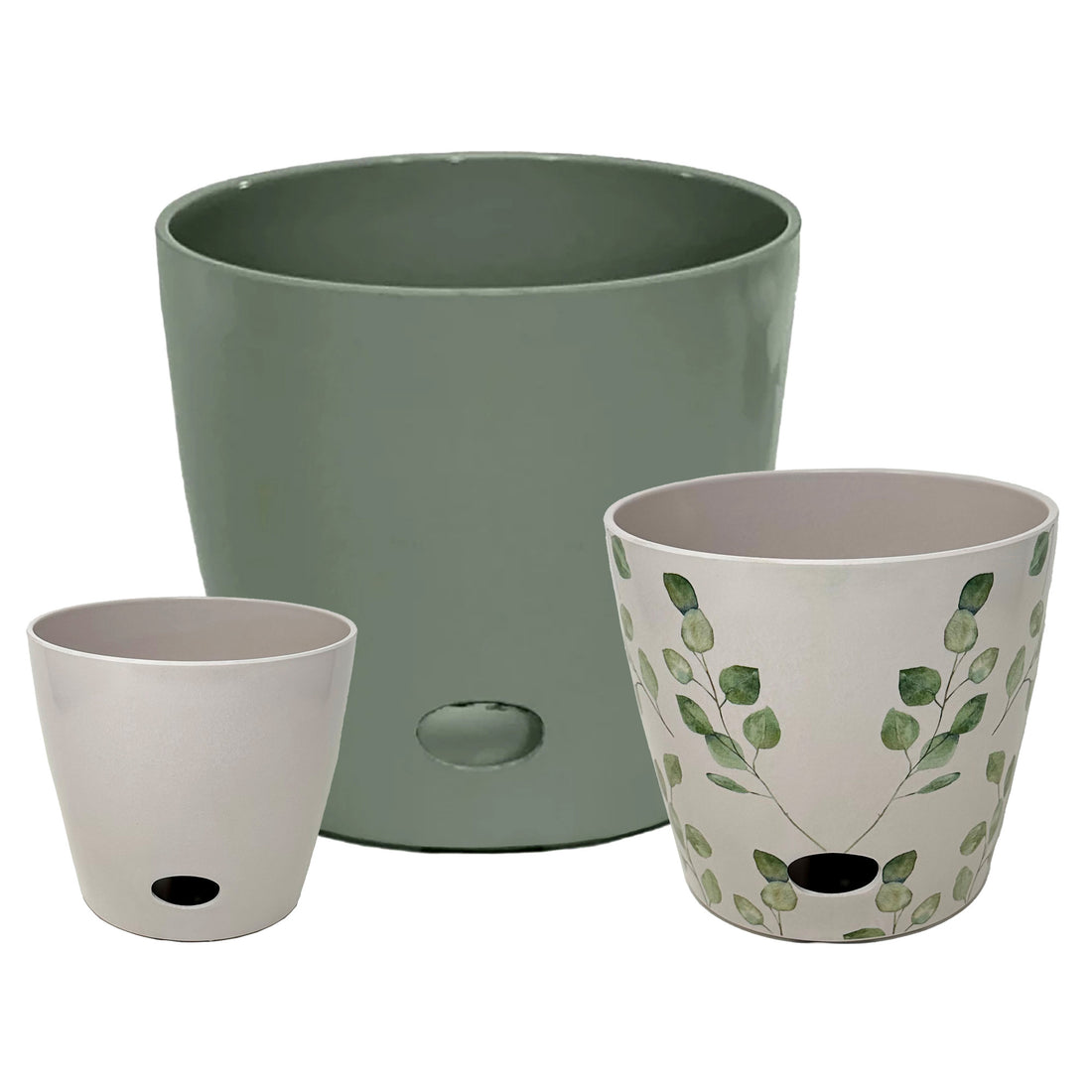 Self-Watering Pots (Set of 3) - 5" Cream, 7" Green Leaves, & 10" Sage Green