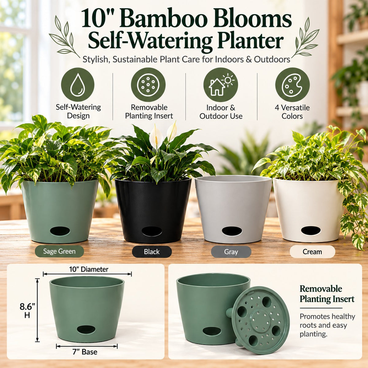 Self-Watering Bamboo Pot - 10" Black Round