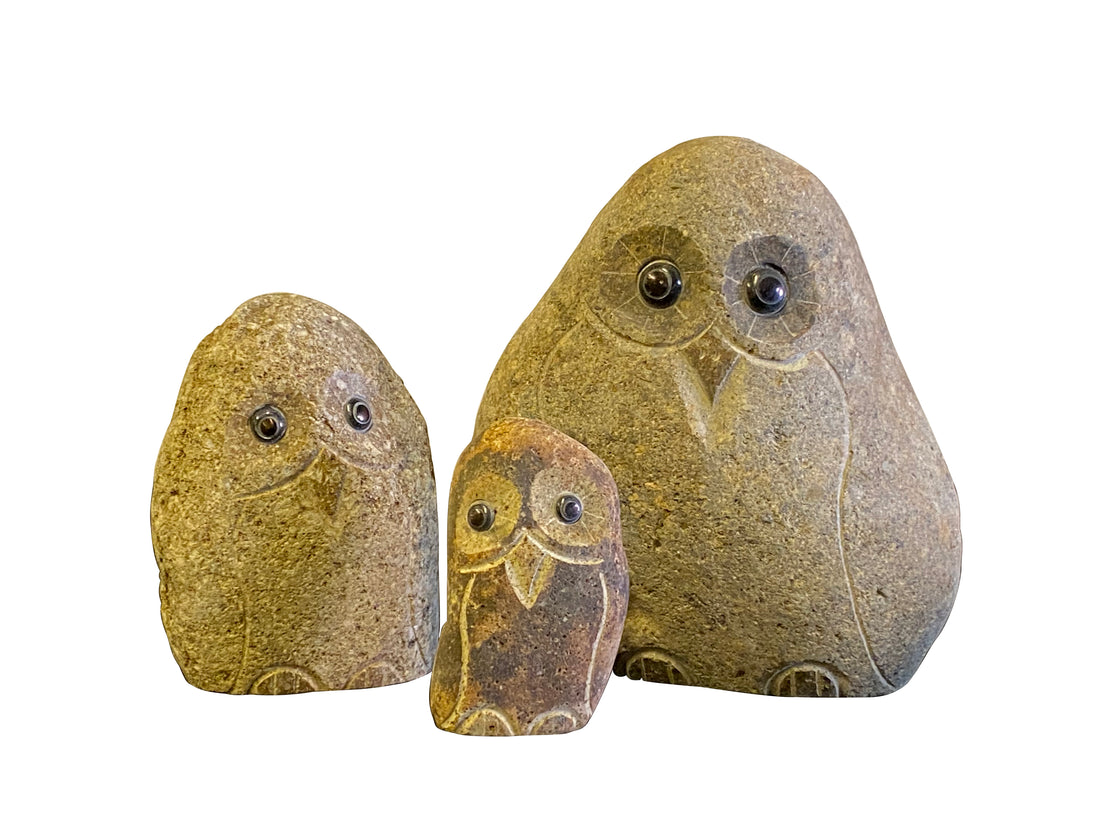 Family of Boulder Owls - 3 Pcs 6"H, 8"H, 12"H