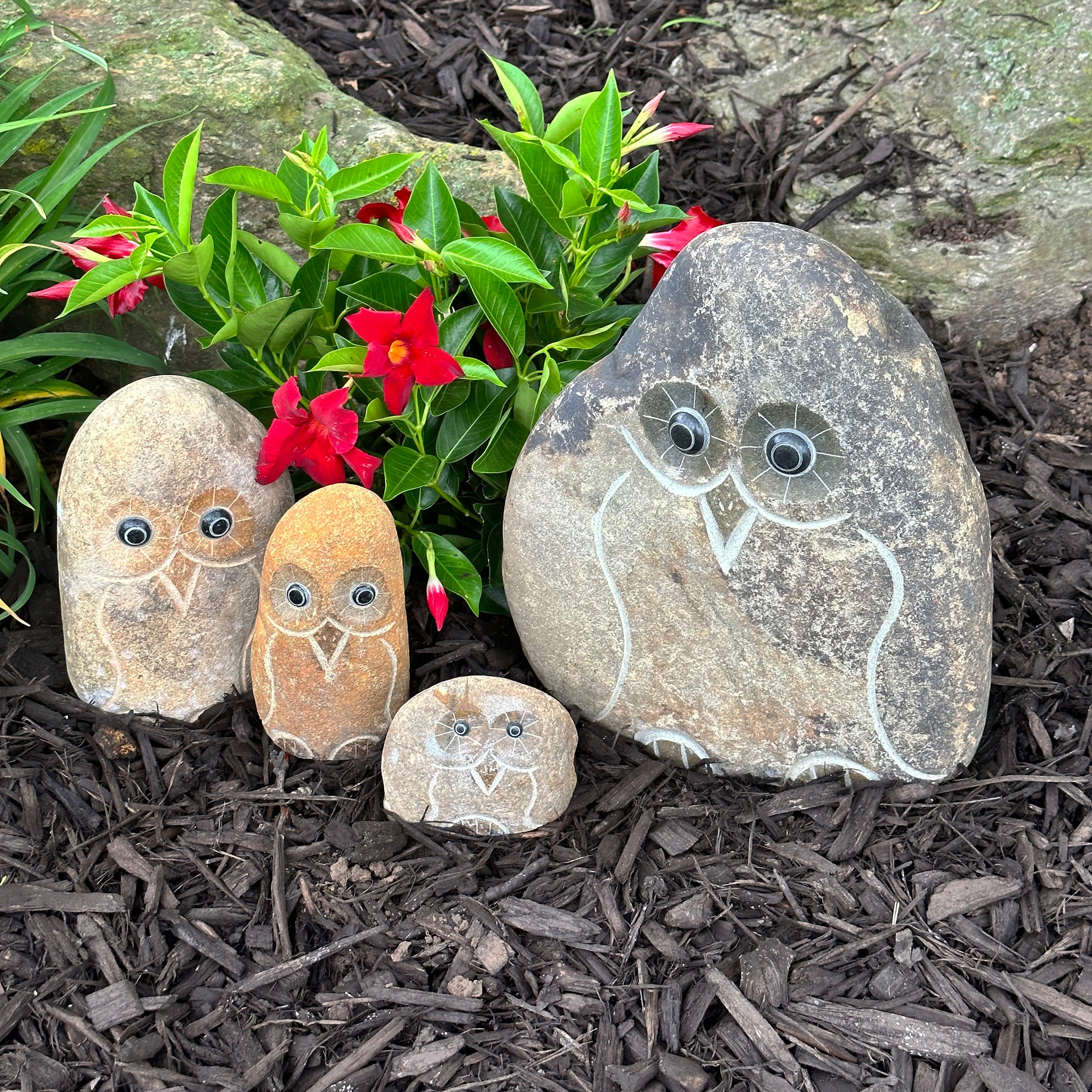 Family of Boulder Owls - 4 Pcs 4"H, 6"H, 8"H, 12"H