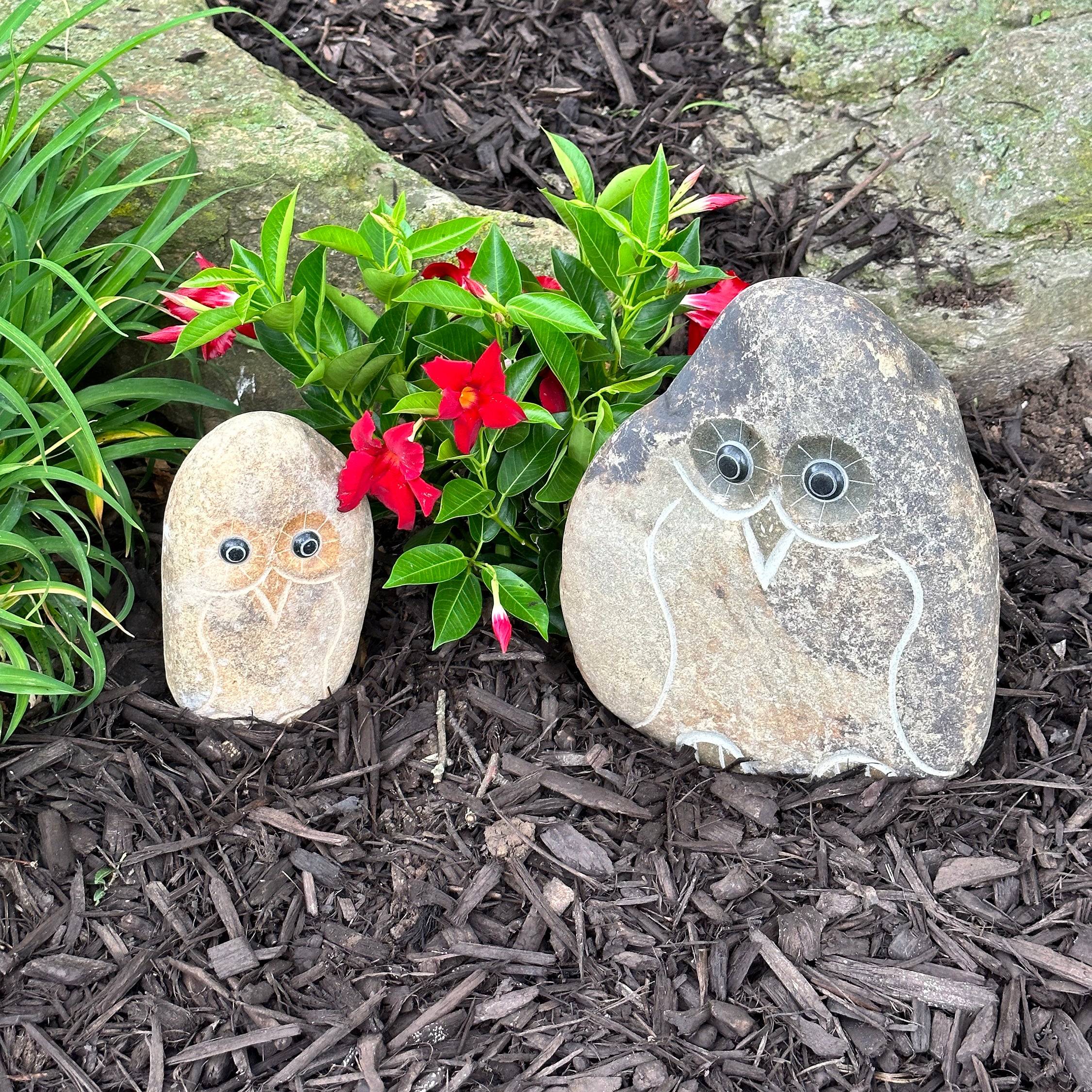 Family of Boulder Owls- 2 Pcs 8"H, 12"H
