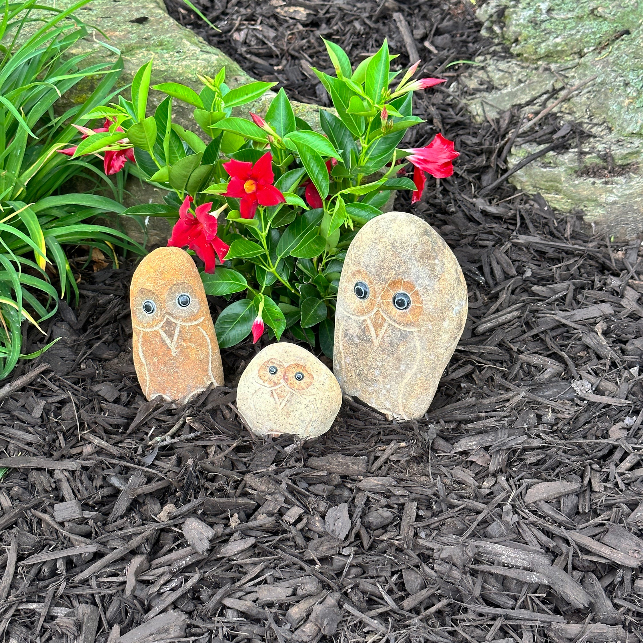 Family of Boulder Owls - 3 Pcs 4"H, 6"H, 8"H