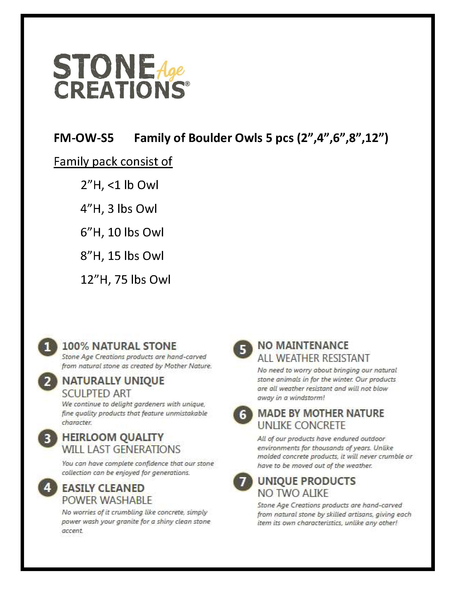 Family of Boulder Owls - 5 Pcs 2"H, 4"H, 6"H, 8"H, 12"H