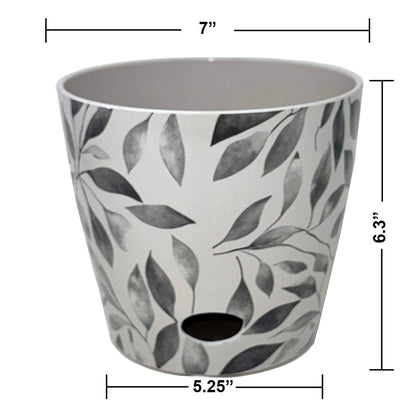 7" Round Self-Watering Bamboo Pot - Gray Leaves
