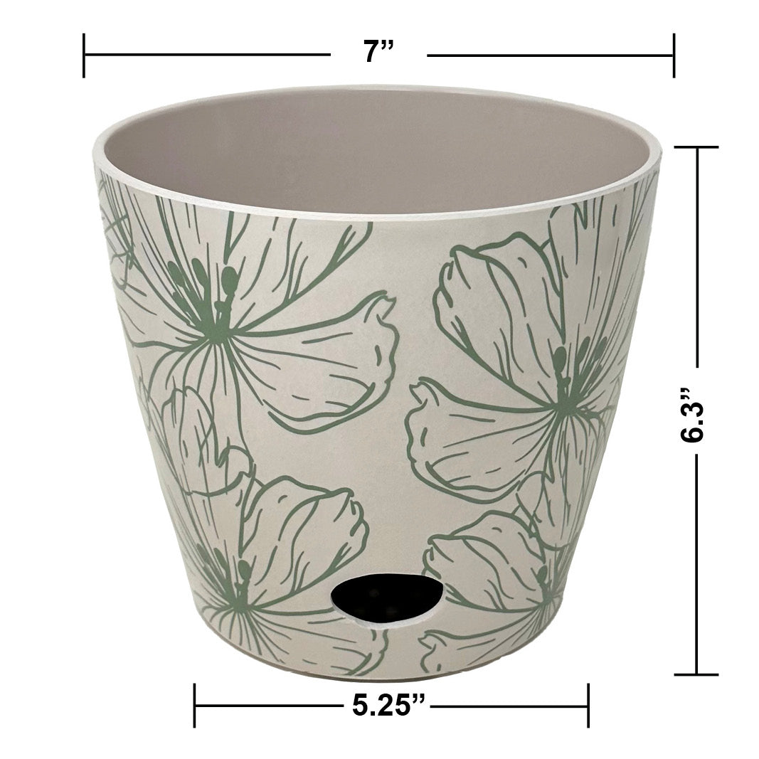 7" Round Self-Watering Bamboo Pot - Green Flower