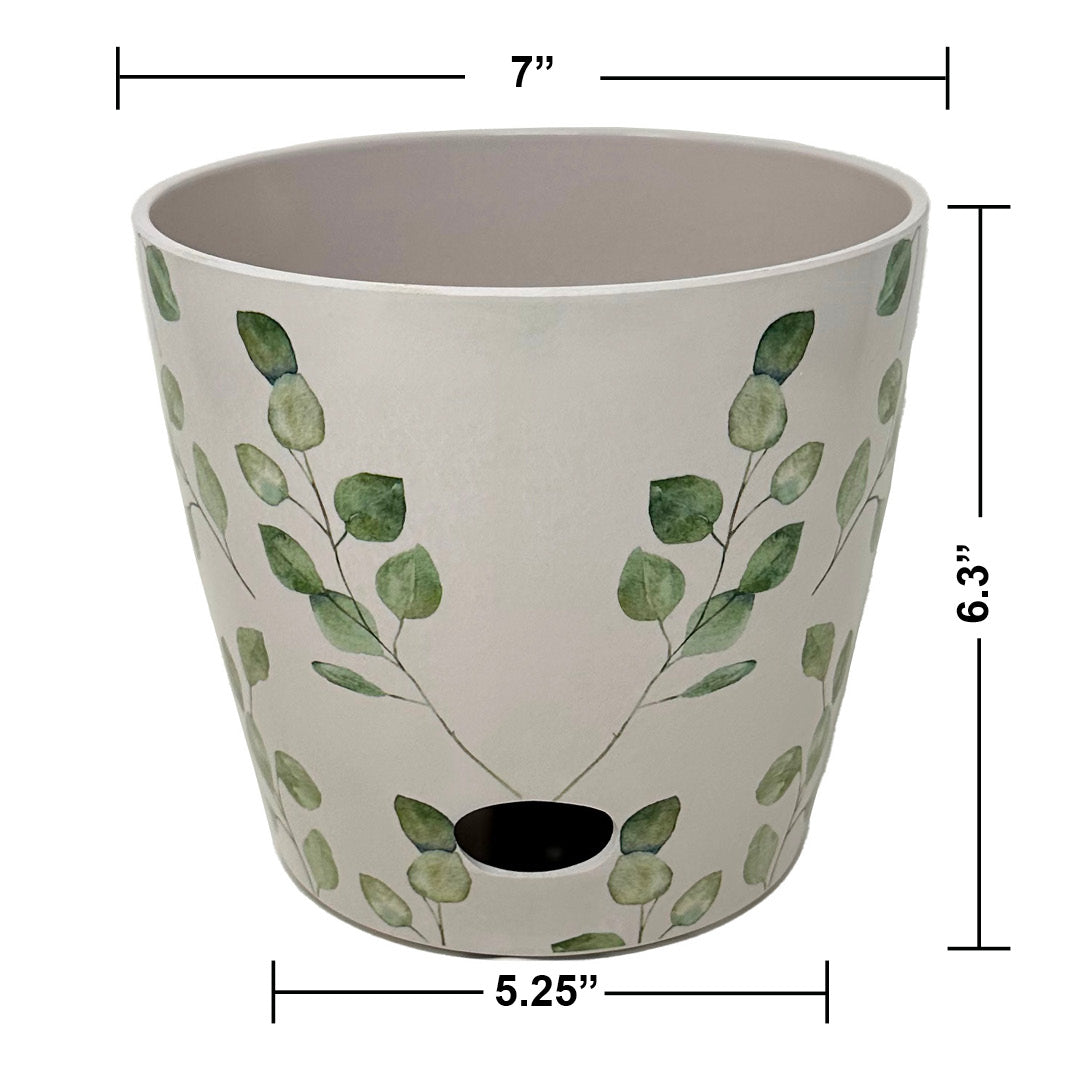 7" Round Self-Watering Bamboo Pot - Green Leaves