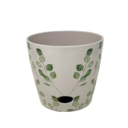 7" Round Self-Watering Bamboo Pot - Green Leaves