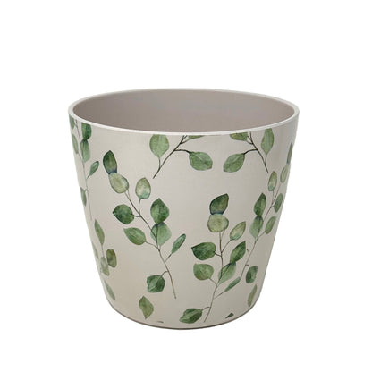 7" Round Self-Watering Bamboo Pot - Green Leaves