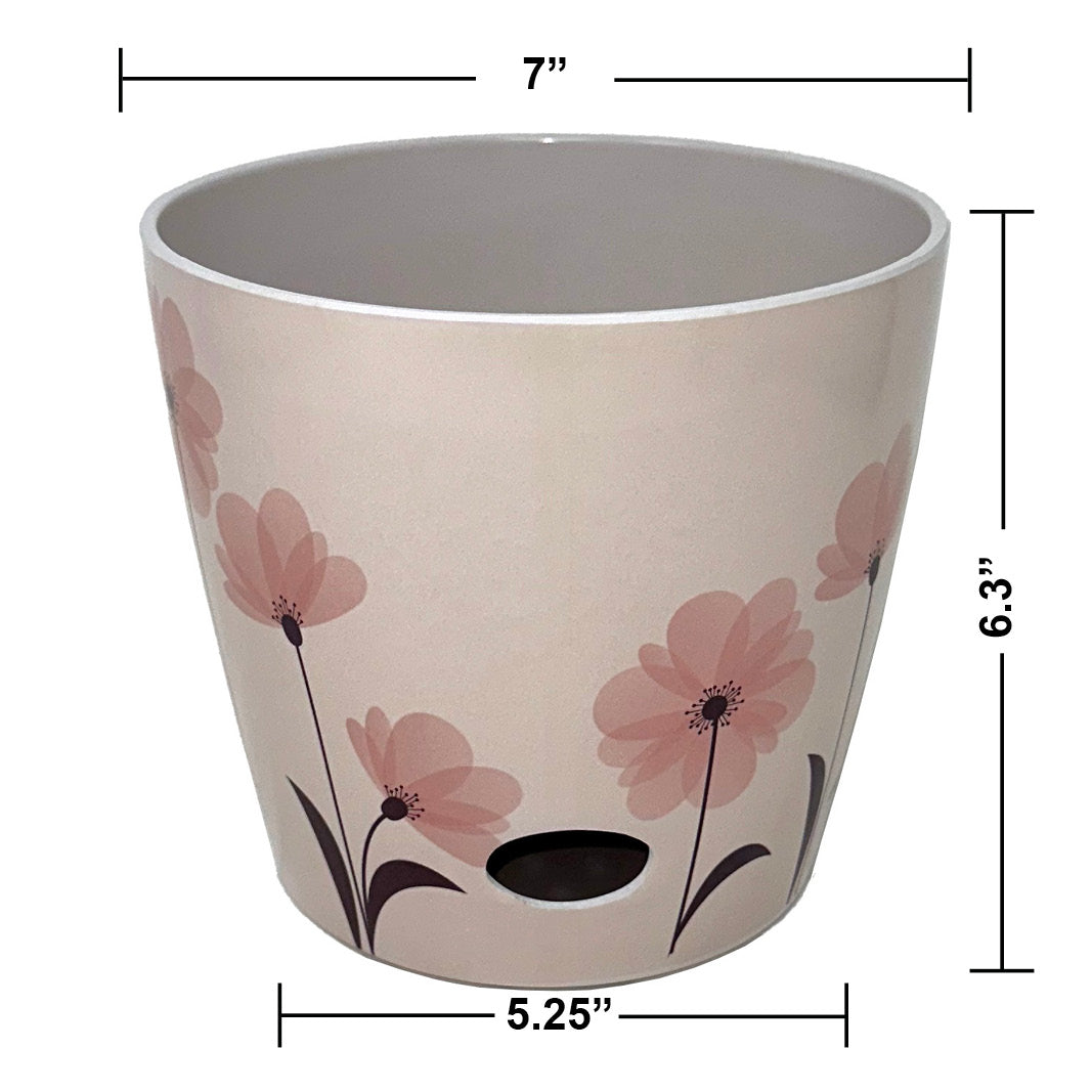 7" Round Self-Watering Bamboo Pot - Pink Flower