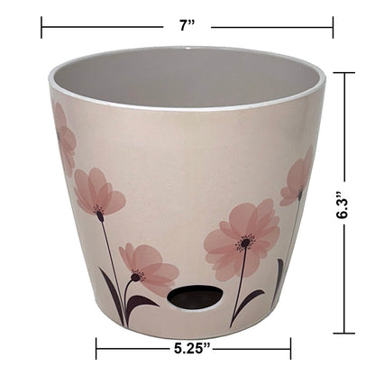 7" Round Self-Watering Bamboo Pot - Pink Flower