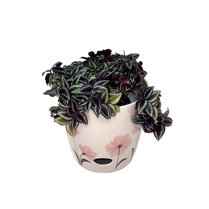 7" Round Self-Watering Bamboo Pot - Pink Flower