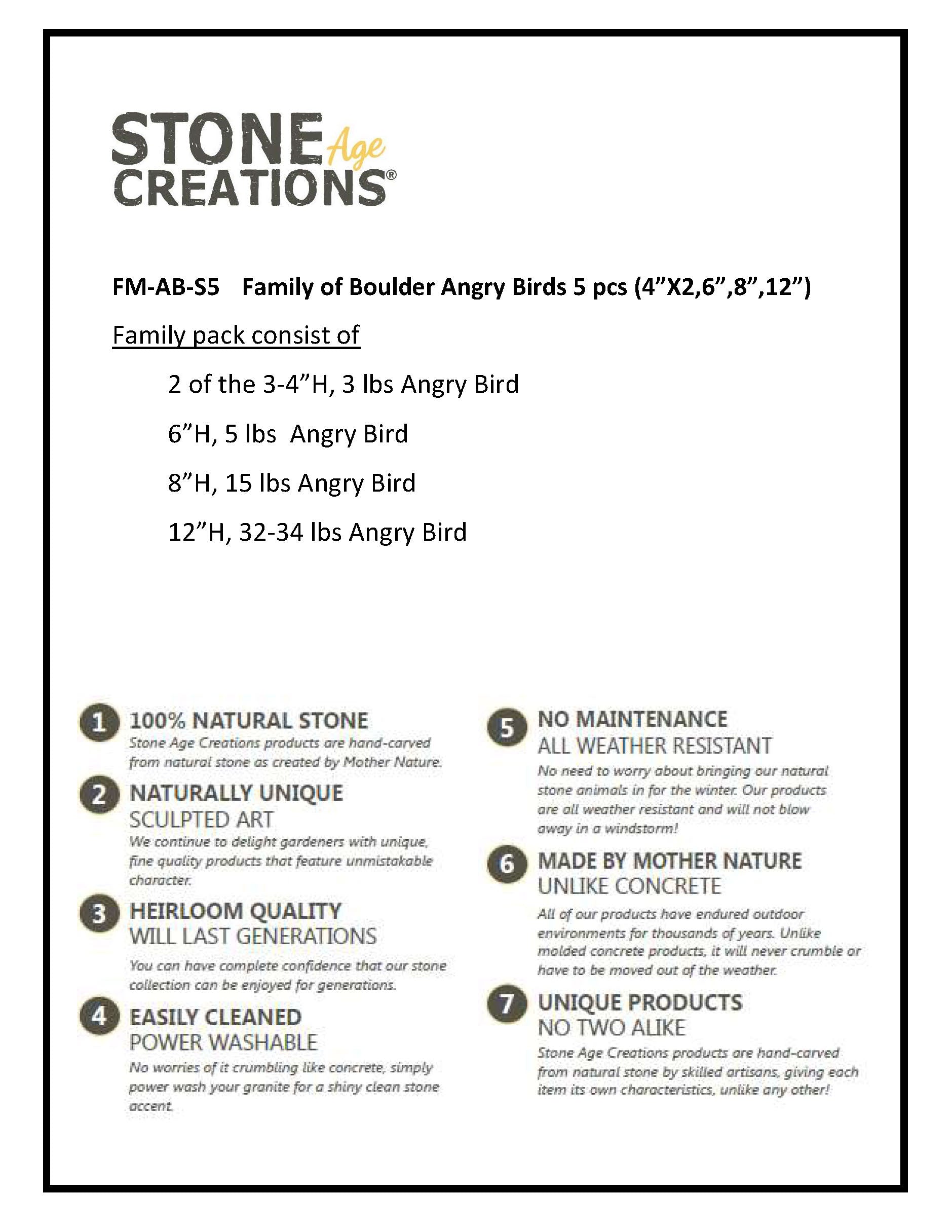 Family of Boulder Angry Birds - 5 Pcs 4"H, 6"H, 8"H, 12"H