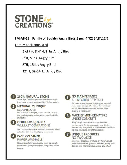 Family of Boulder Angry Birds - 5 Pcs 4"H, 6"H, 8"H, 12"H