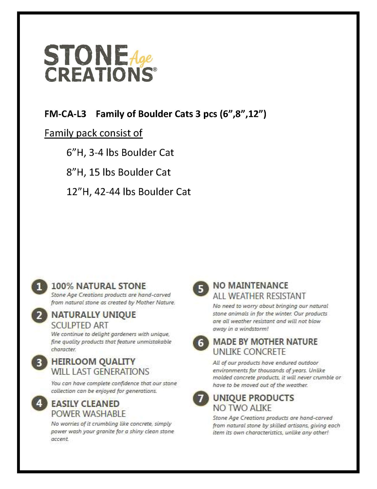 Family of Boulder Cats - 3 Pcs 6"H, 8"H, 12"H