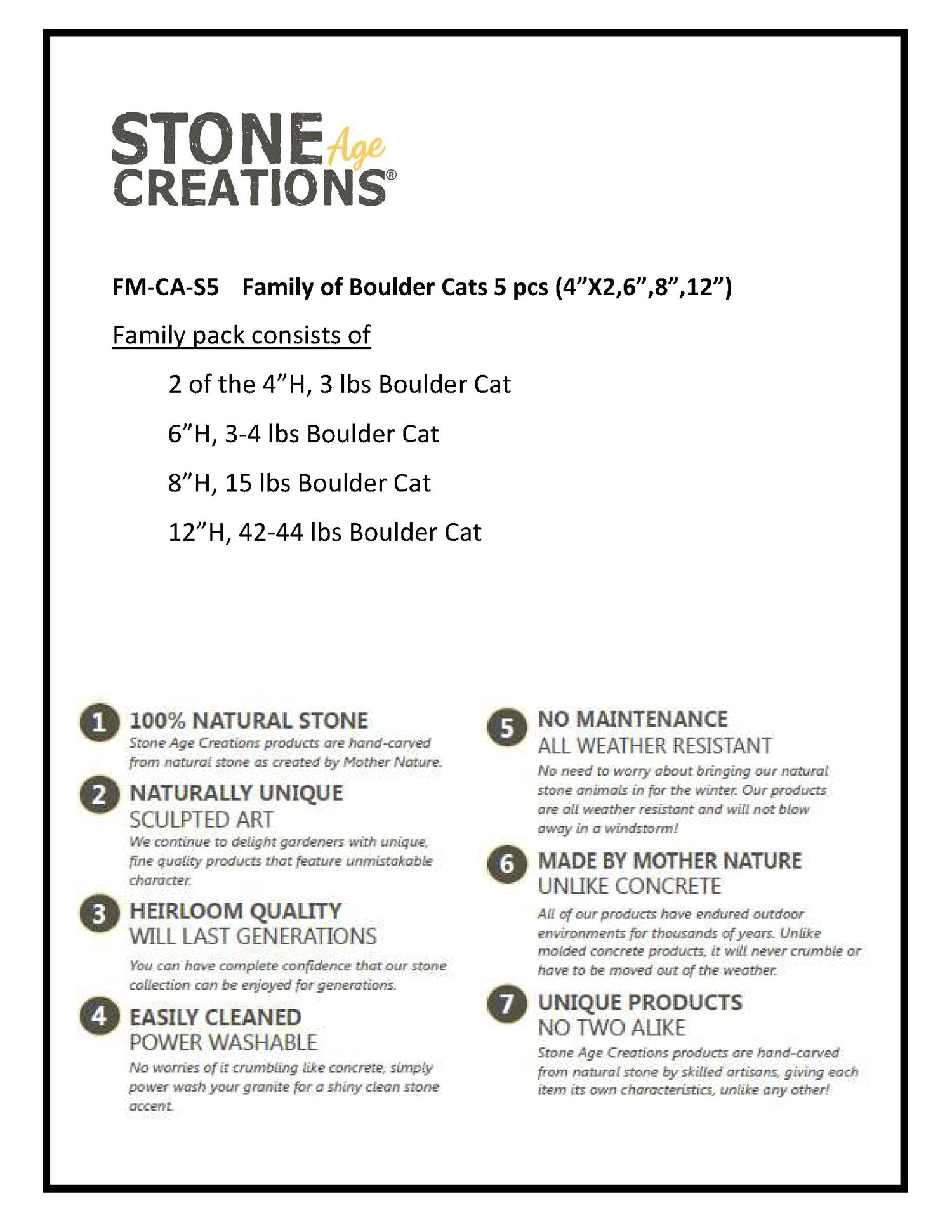 Family of Boulder Cats - 5 Pcs 4"H, 6"H, 8"H, 12"H