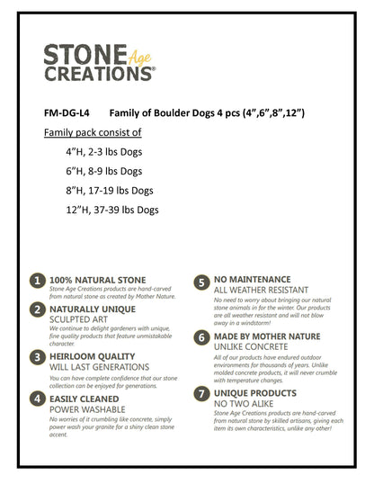 Family of Boulder Dogs - 4 Pcs 4"H, 8"H, 12"H