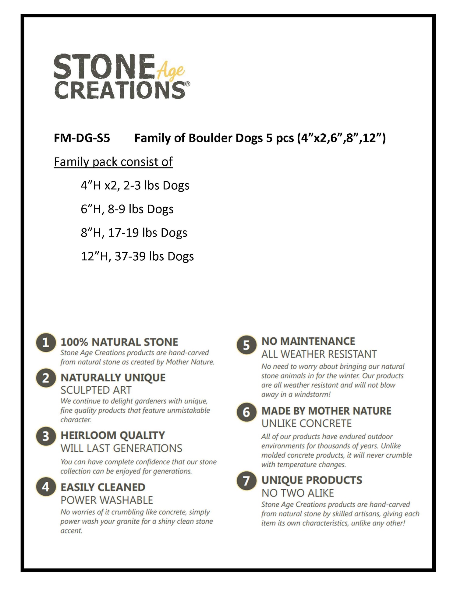 Family of Boulder Dogs - 5 Pcs 4"H, 6H"H, 8"H, 12"