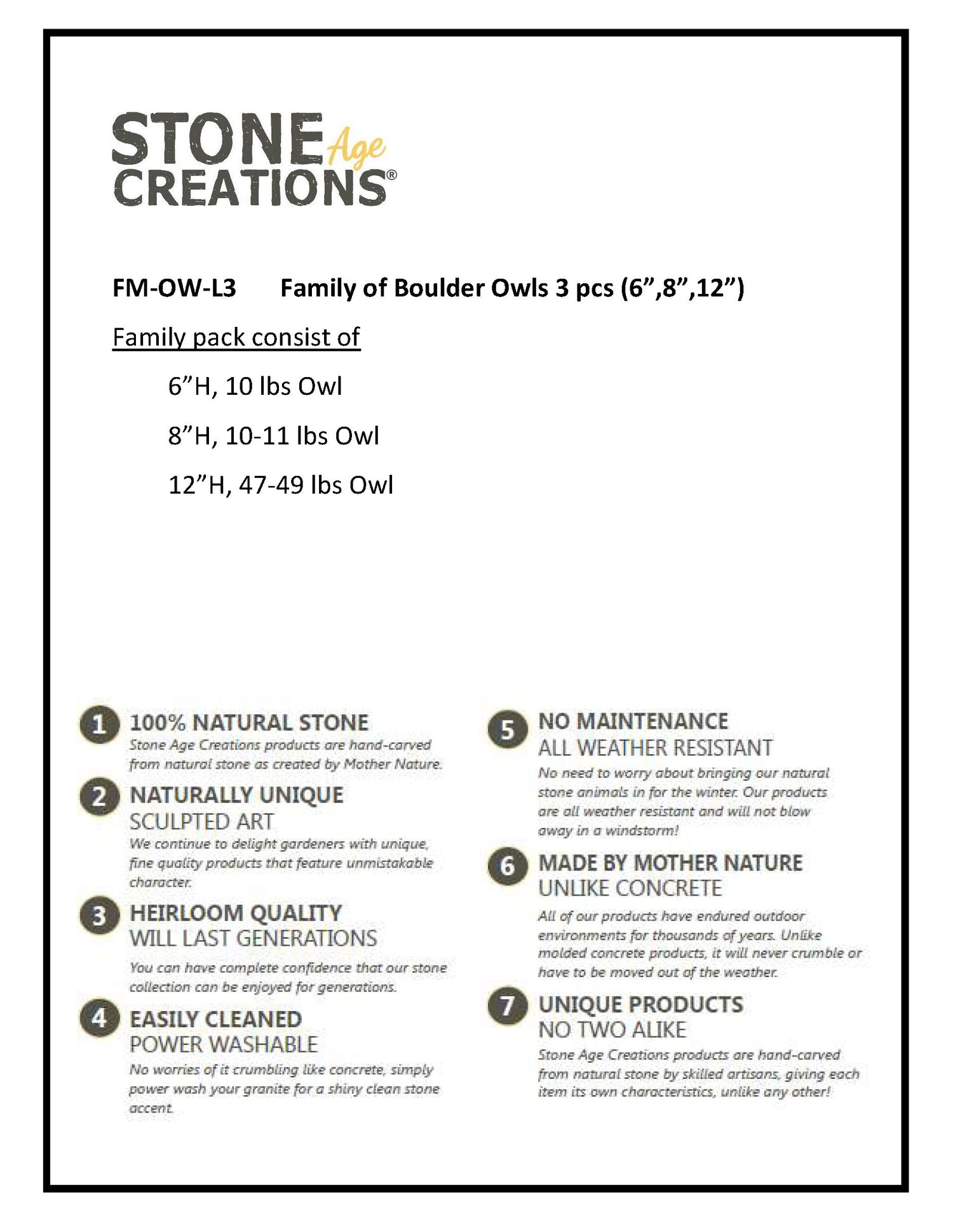 Family of Boulder Owls - 3 Pcs 6"H, 8"H, 12"H