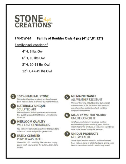 Family of Boulder Owls - 4 Pcs 4"H, 6"H, 8"H, 12"H