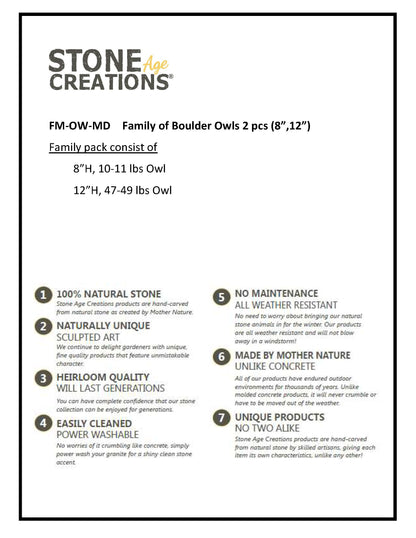 Family of Boulder Owls- 2 Pcs 8"H, 12"H