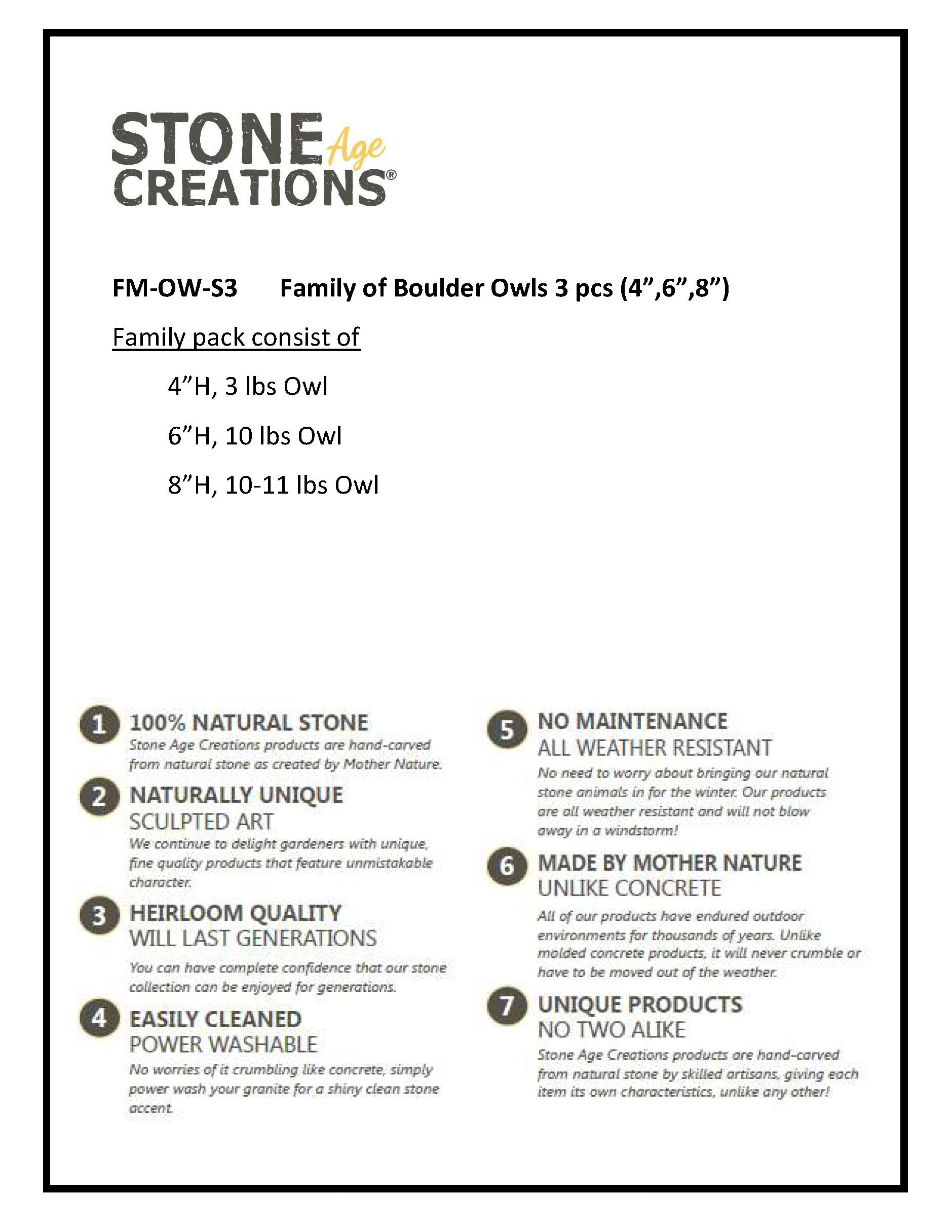 Family of Boulder Owls - 3 Pcs 4"H, 6"H, 8"H