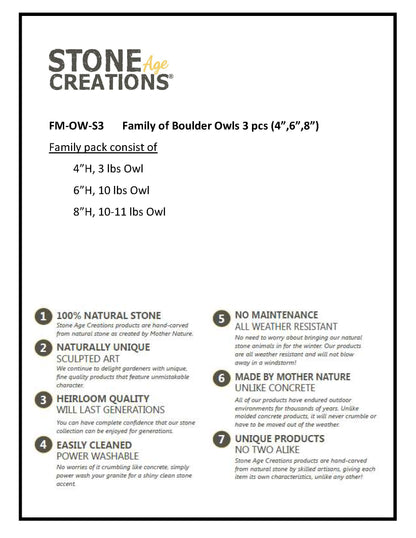 Family of Boulder Owls - 3 Pcs 4"H, 6"H, 8"H