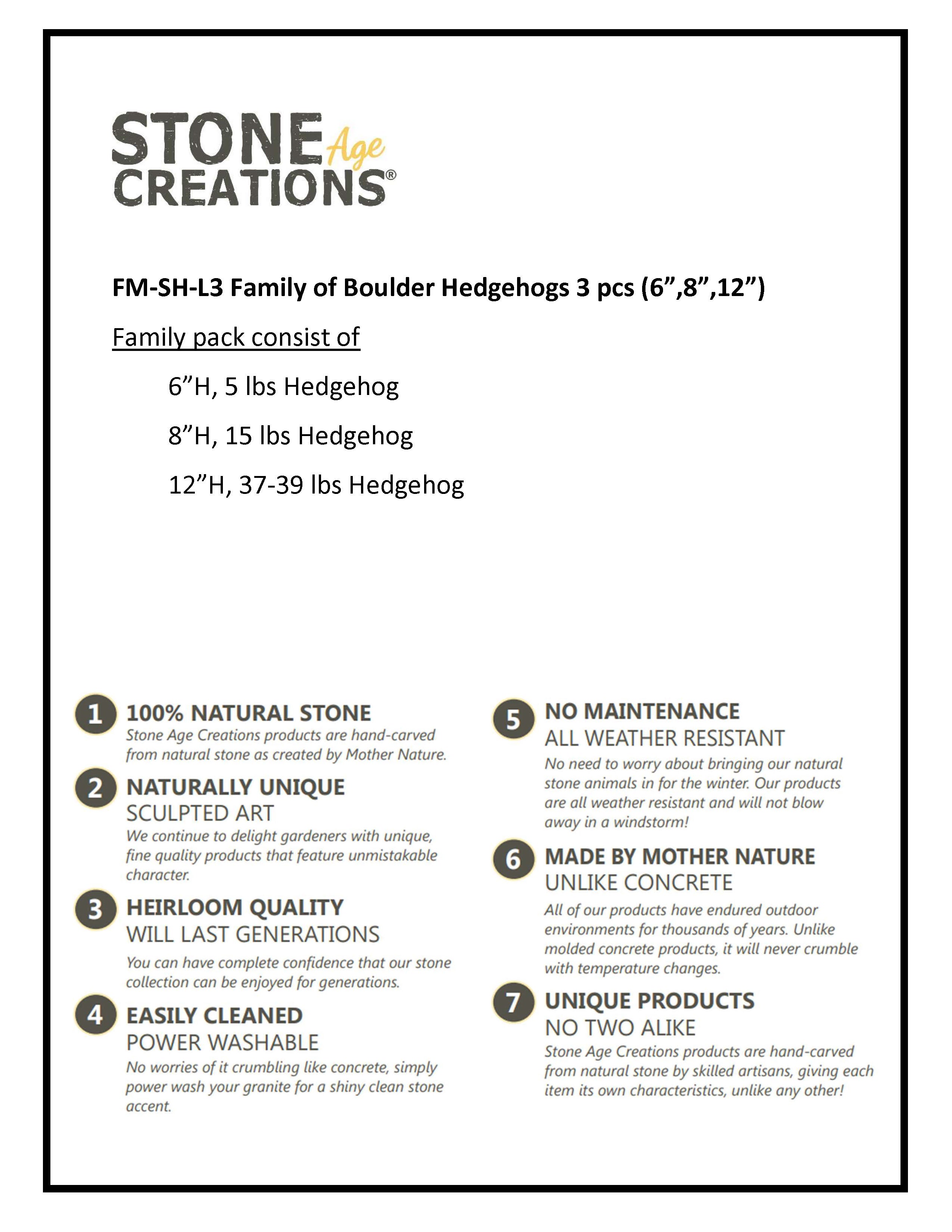 Family of Boulder Standing Hedgehogs - 3 Pcs 6"H, 8"H, 12"H