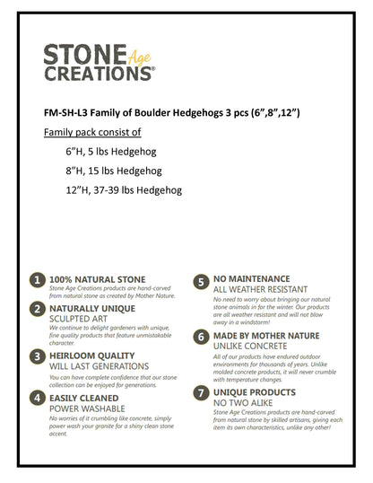 Family of Boulder Standing Hedgehogs - 3 Pcs 6"H, 8"H, 12"H