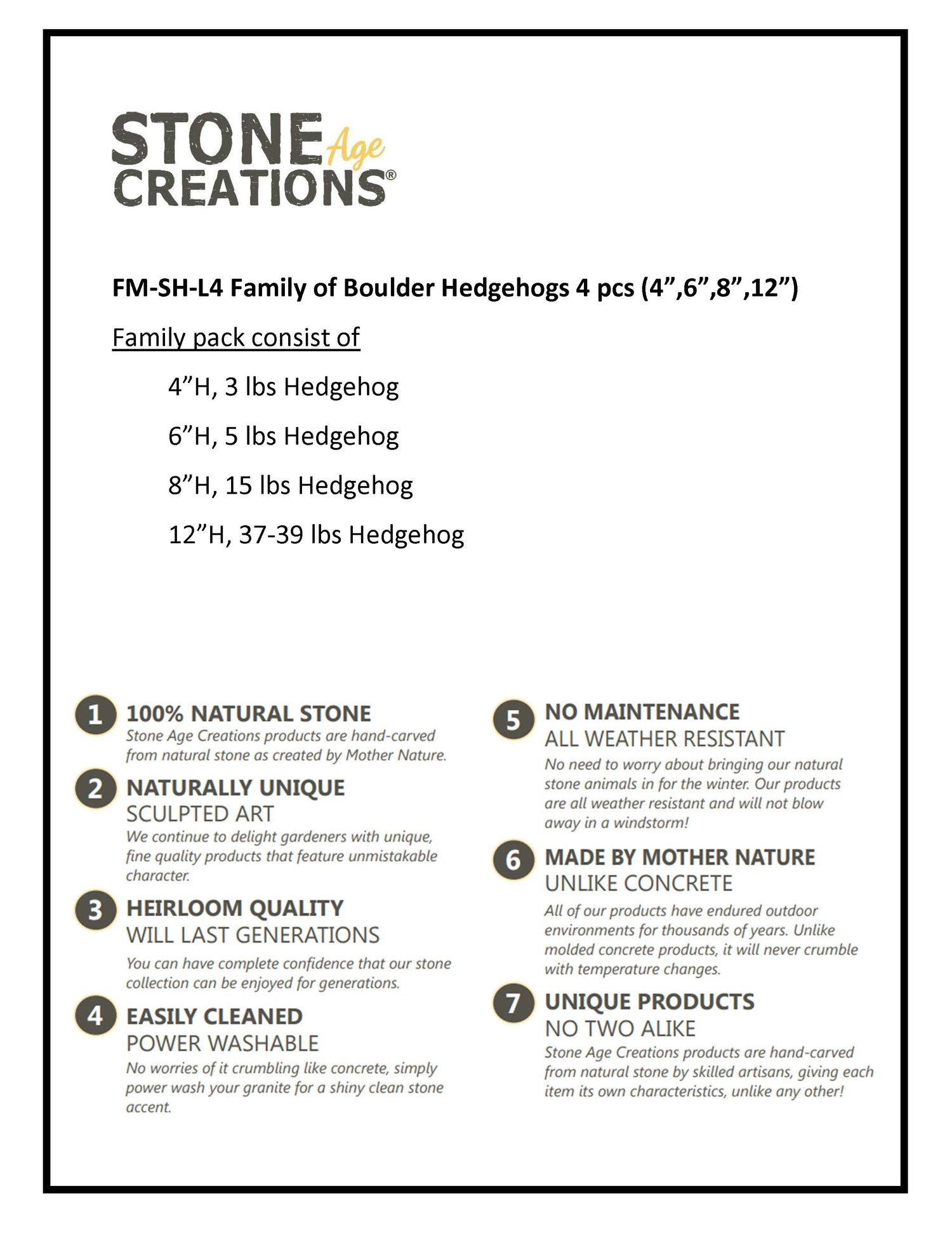 Family of Boulder Standing Hedgehogs - 4 Pcs 4"H, 6"H, 8"H, 12"H