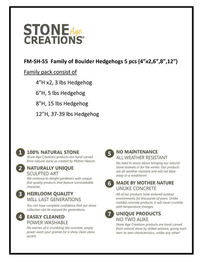 Family of Boulder Standing Hedgehogs - 5 Pcs 4"H, 6"H, 8"H, 12"H