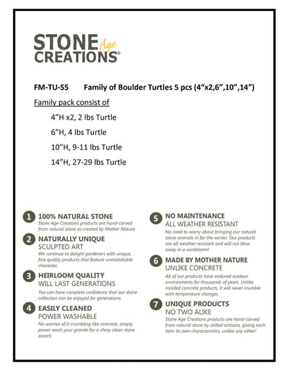 Family of Boulder Turtles - 5 Pcs 4"H, 6"H, 10"H, 14"H