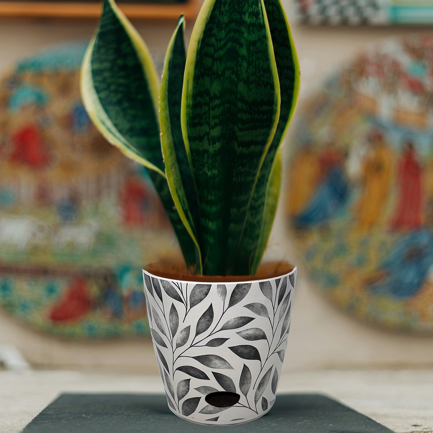 7" Round Self-Watering Bamboo Pot - Gray Leaves