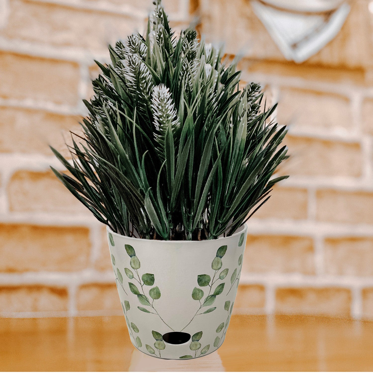 7" Round Self-Watering Bamboo Pot - Green Leaves