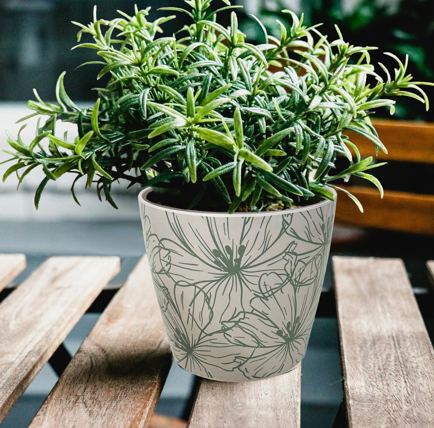 7" Round Self-Watering Bamboo Pot - Green Flower