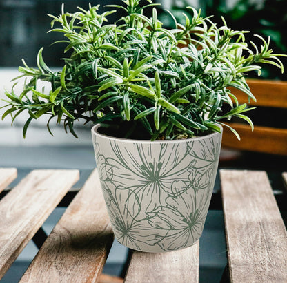 7" Round Self-Watering Bamboo Pot - Green Flower