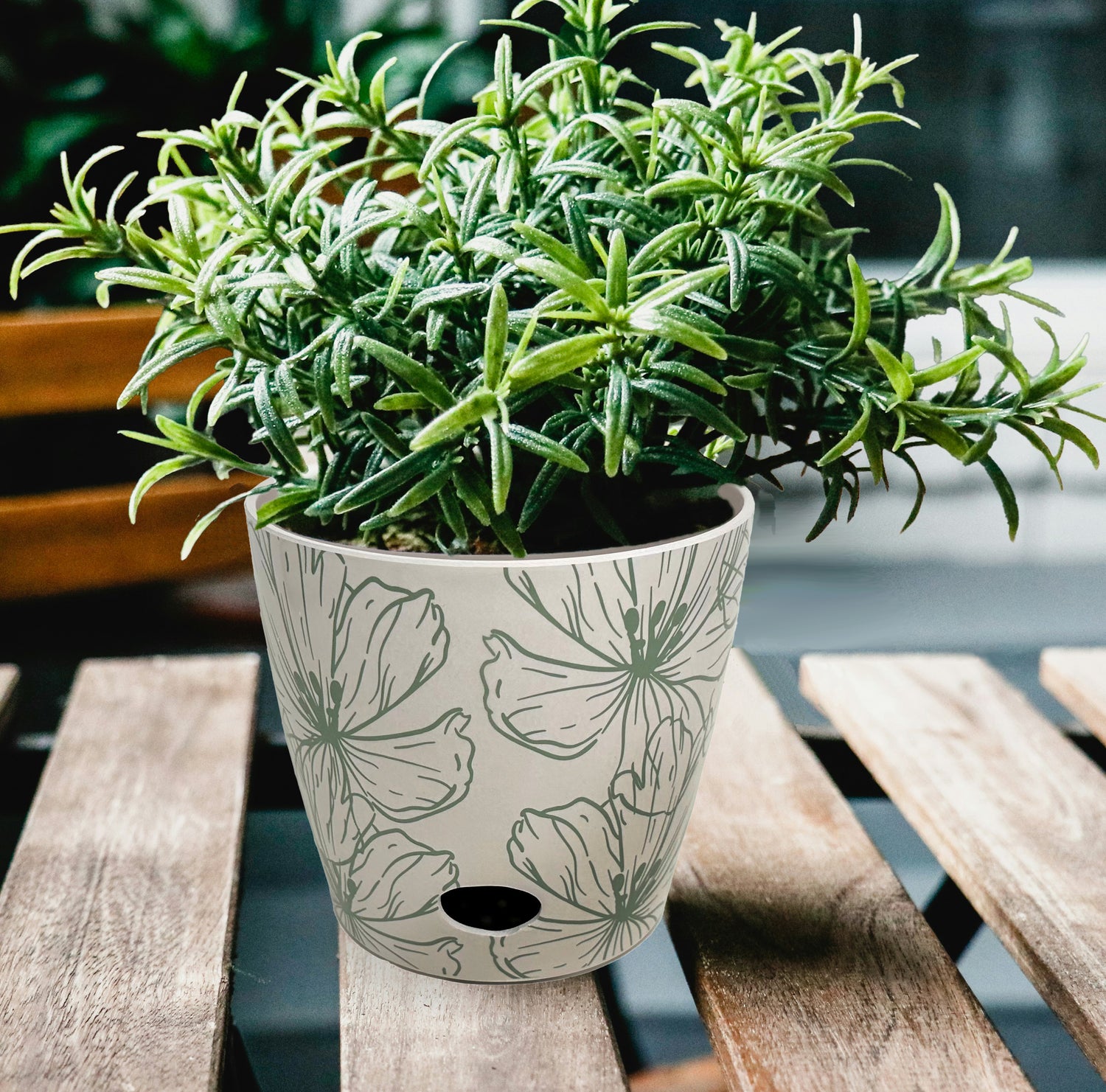 7" Round Self-Watering Bamboo Pot - Green Flower