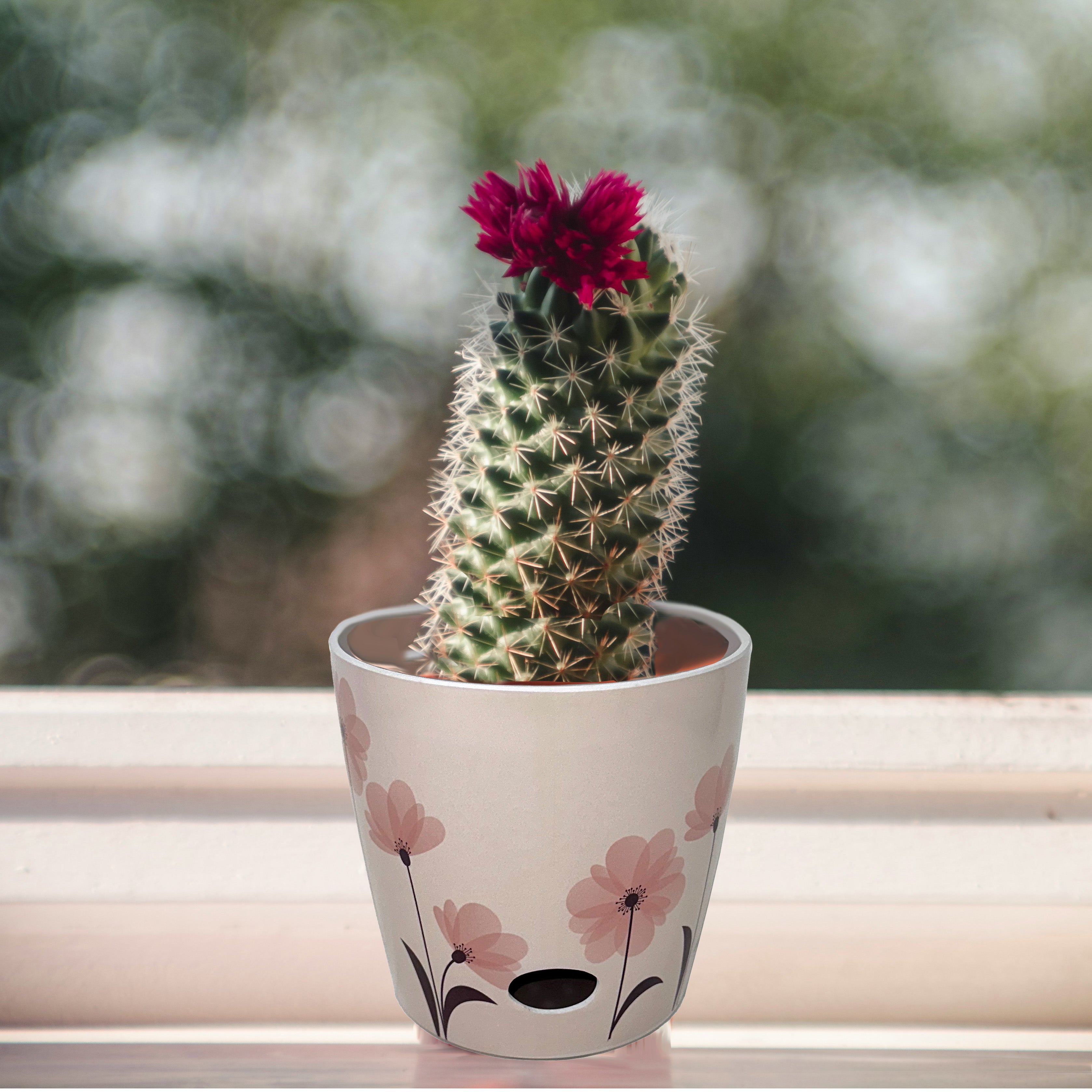 7" Round Self-Watering Bamboo Pot - Pink Flower
